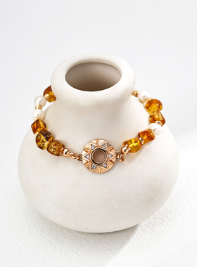 S925银镀18K金天然琥珀珍珠手链女款2025新款轻奢小众气质手串