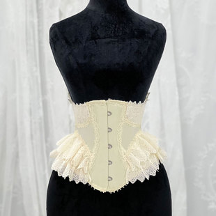 维多利亚鹅黄色古典宫廷公主洛丽塔蕾丝钢骨复古鱼骨腰封束腰收腰