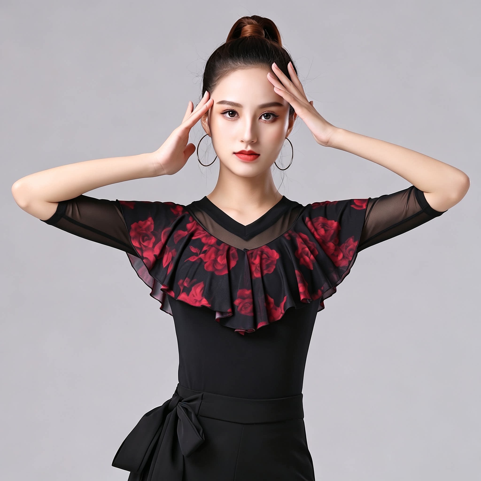 红玫瑰荷叶边拉丁舞摩登舞练功服