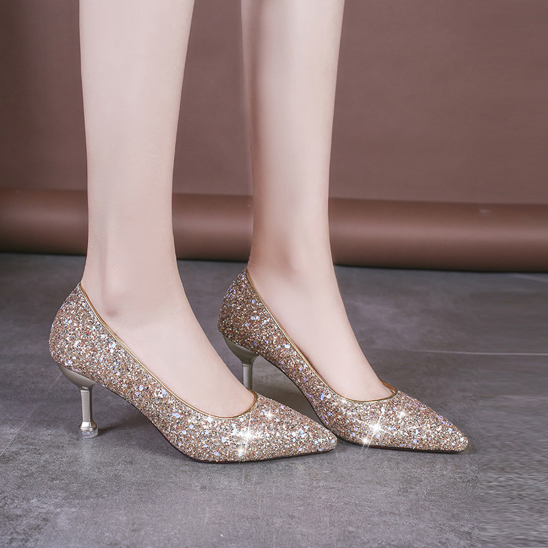 Stiletto Tip Single shoes 2019 new pattern fashion Sequins French girl High-heeled shoes Stiletto Bridesmaid Wedding shoesin the Women's Shoes, Low shoes  category - from Buy2taobao.com to provide professional Taobao agent buy service