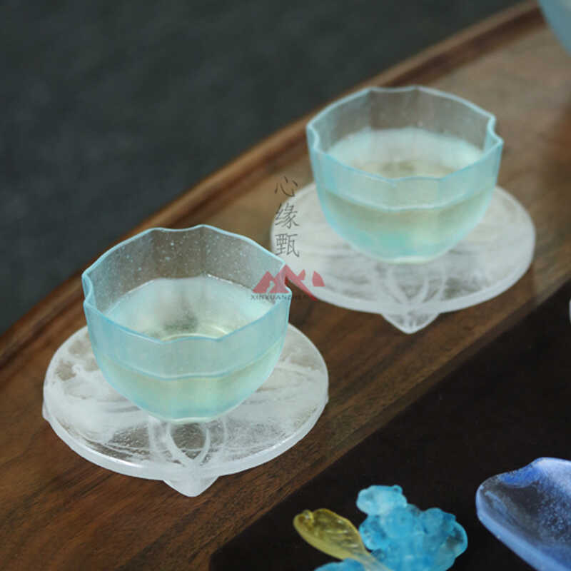心缘甑琉璃冰蓝色四方杯宝相花杯主人杯品茗杯功夫茶具茶杯