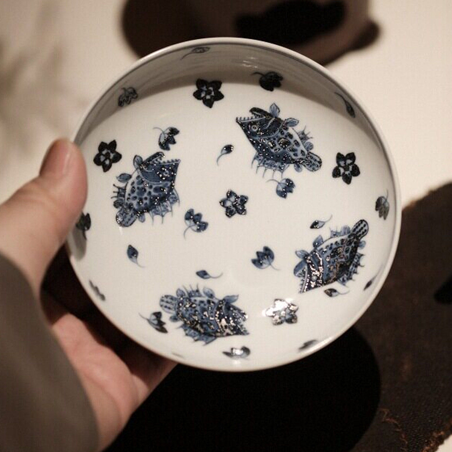 半斋豇豆红内绘青花桃花鳜鱼壶承景德镇陶瓷茶具小干泡盘茶壶茶托