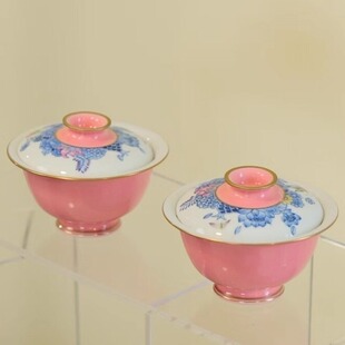 华隐堂樱粉色万花mini小盖碗景德镇手绘陶瓷茶具单个泡茶碗80ml