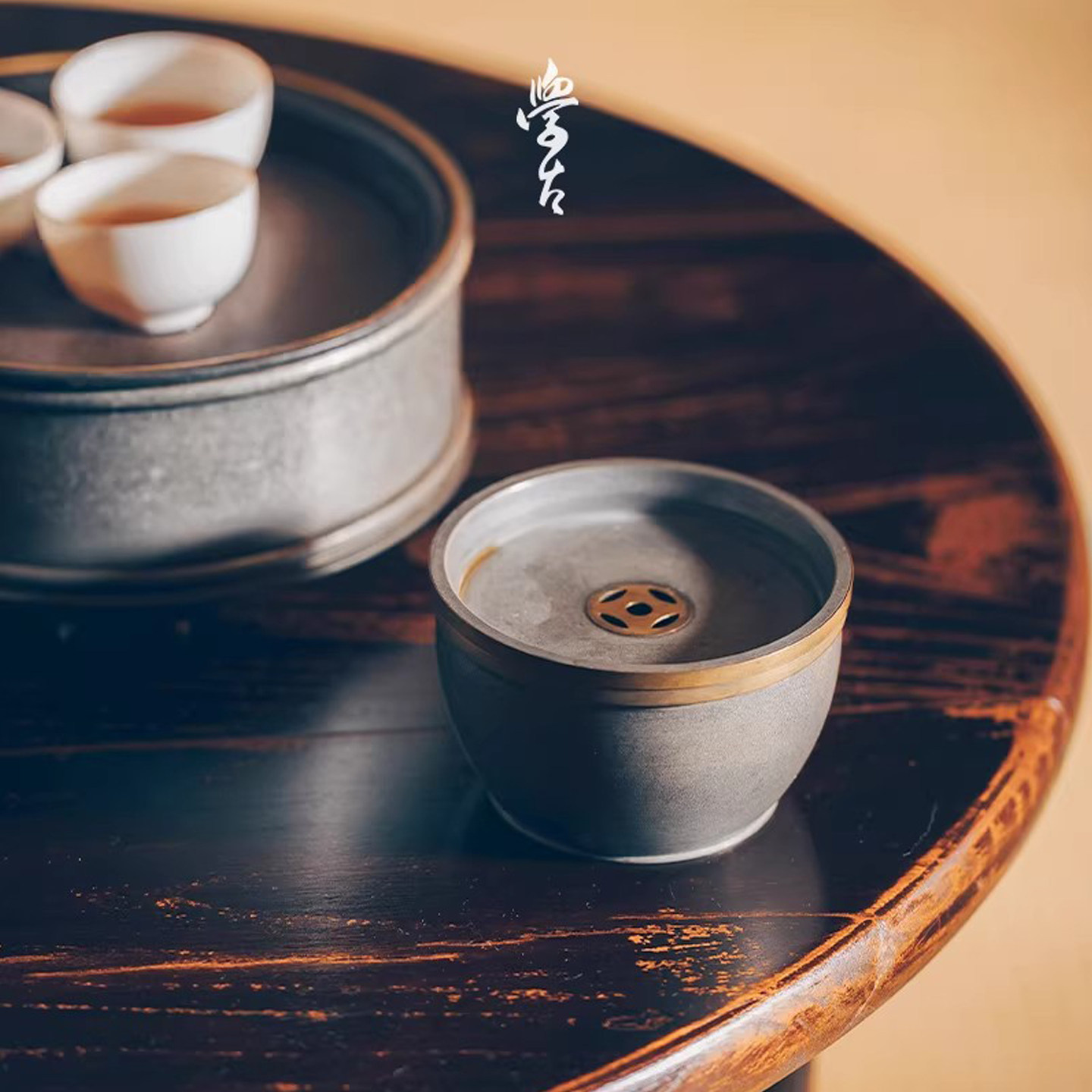 学古锡制元镇建水茶洗带盖包铜口茶渣缸茶道零配件水盂小号茶洗