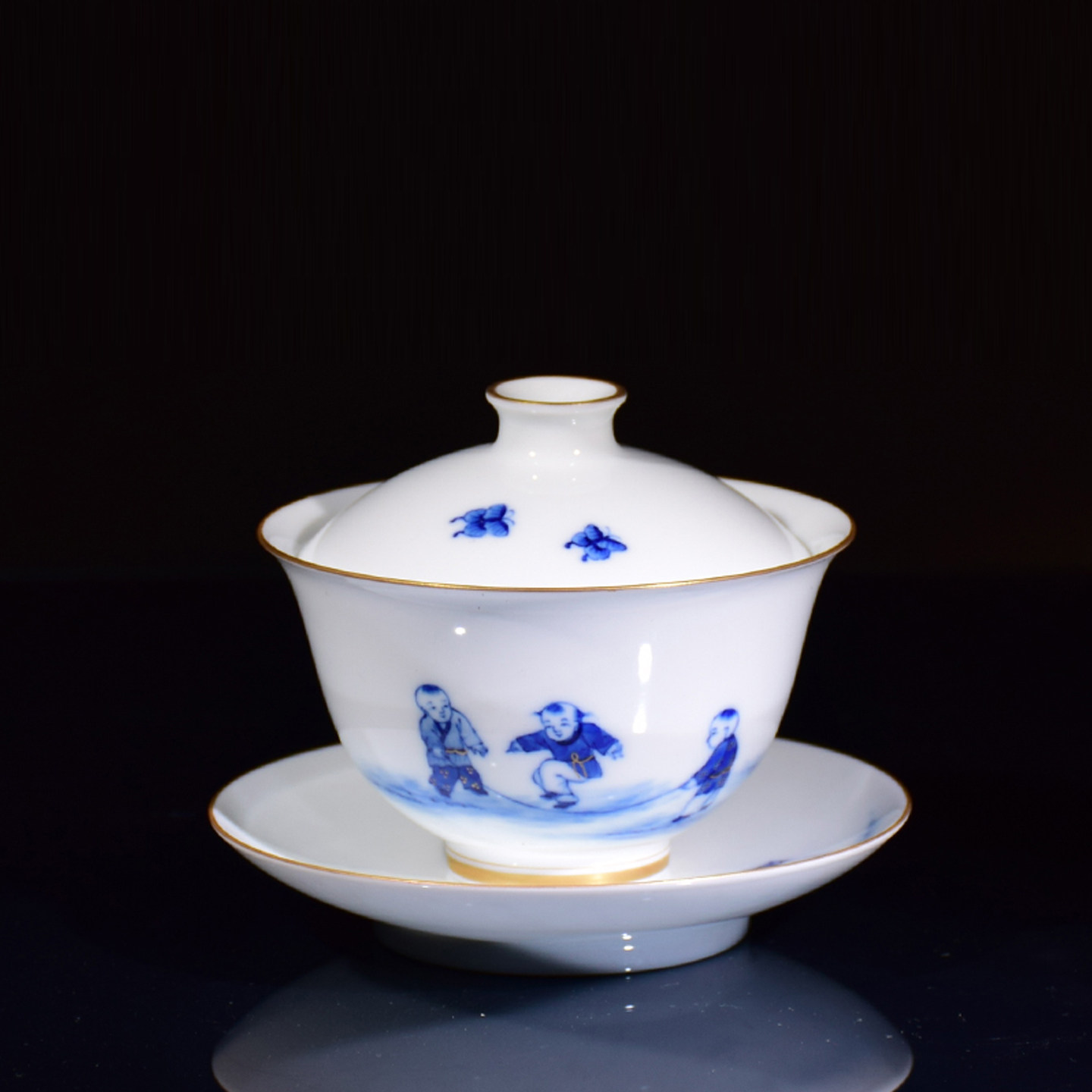 半斋瓷器青花婴戏三才盖碗景德镇手绘陶瓷功夫茶具茶杯泡茶碗