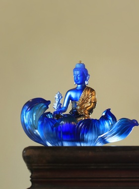 琉璃5寸贴金佛像莲花座烛台佛龛供佛禅意生活家居摆件