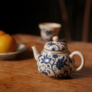霖松堂草木灰手绘秋葵泡茶壶景德镇青花陶瓷茶具单个小品壶160ml