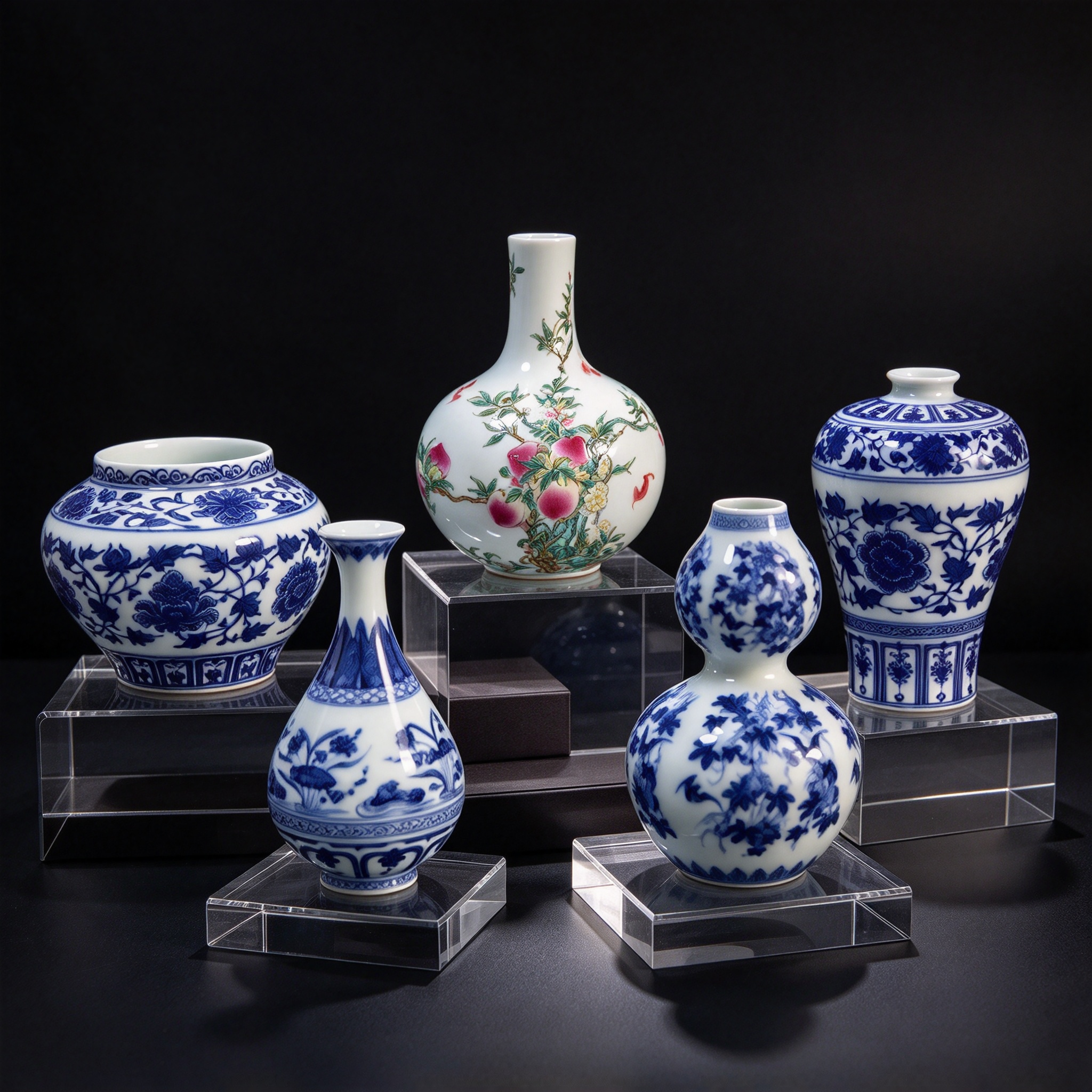 景德镇陶瓷仿古迷你花瓶摆件青花盲盒粉彩九桃天球瓶玄关装饰