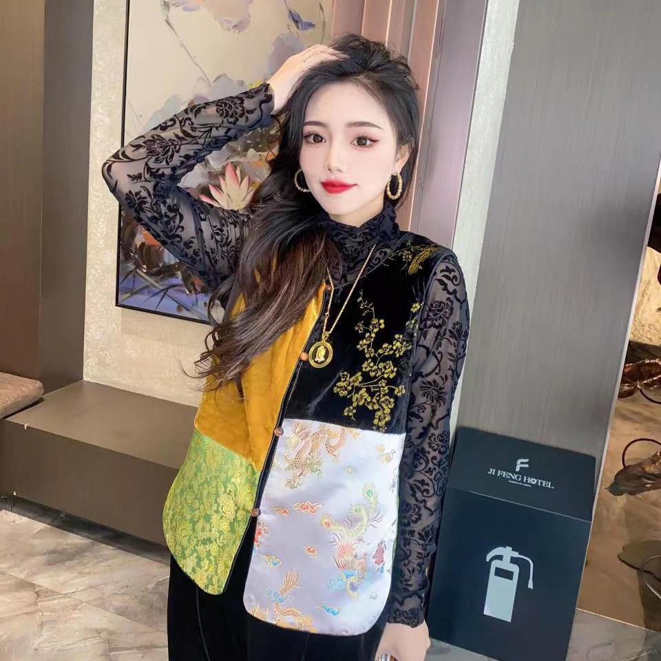 网红马甲女2024新款时尚拼接外穿立领盘扣背心马夹金丝绒上衣外套