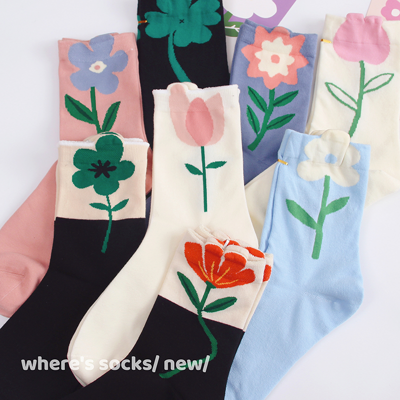 复古文艺中筒郁金花朵袜