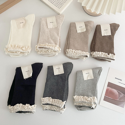 甜美双针织蕾丝花边袜子女中筒堆堆袜春秋冬芭蕾风配小皮鞋Lolita