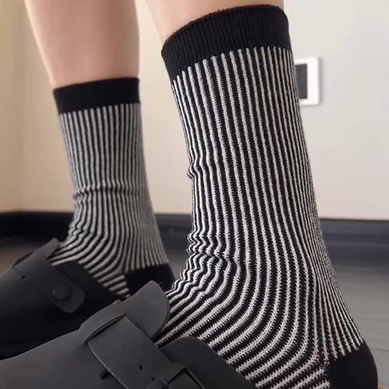 竖条纹金银丝袜子韩版东大门新款复古亮闪长筒袜拼色双针中筒袜潮