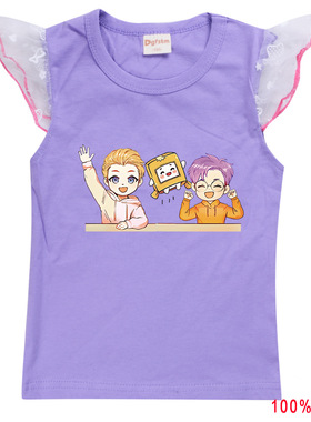 lankybox女童全棉背心小飞袖紫色T恤夏纸盒小人 2022卡通圆领上衣