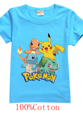皮卡丘口袋妖怪蓝色T恤儿童纯棉Pikachu宝宝短袖夏季2022卡通圆领