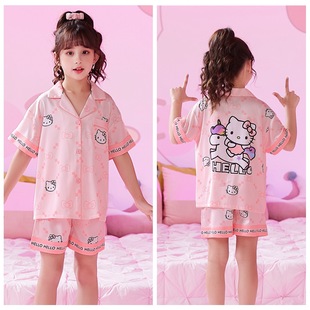 hellokitty女童冰丝睡衣开衫翻领2023夏季薄款短袖中童洋气家居服