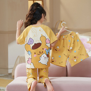 2025新款女童睡衣春夏季款纯棉短袖儿童中大童小女孩薄款三件套装