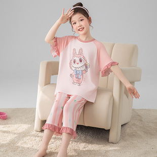 拉布布莫代尔短袖七分裤睡衣薄款labubu2025夏女童空调家居服大童