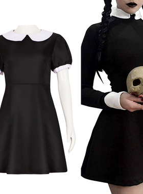 亚当斯一家cos服星期三Wednesday黑色短袖连衣裙 电影同款cosplay