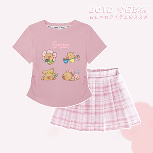 Capybara卡皮巴拉短袖短裙套装女童收腰上衣格子jk百褶裙两件套薄