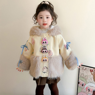 拉布布兔耳朵帽仿皮草加厚加绒外套女童2025冬卡通labubu洋气棉服