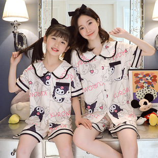 库洛米夏季女童睡衣短袖娃娃领开衫亲子母女套装2023洋气家居服薄