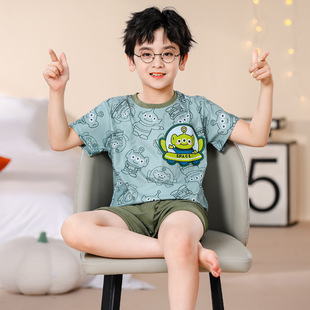 三眼仔男童睡衣短袖冰丝棉坑条2023夏季家居服套装薄款大童亲子款