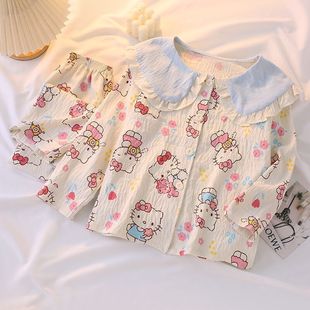 hellokitty长袖娃娃领女童睡衣开衫翻领套装薄2025春夏大童家居服