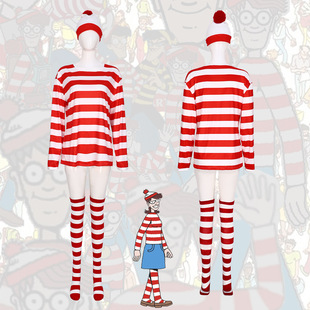 万圣节聪明的沃里Where's Wally动漫亲子装cosplay服装角色扮演