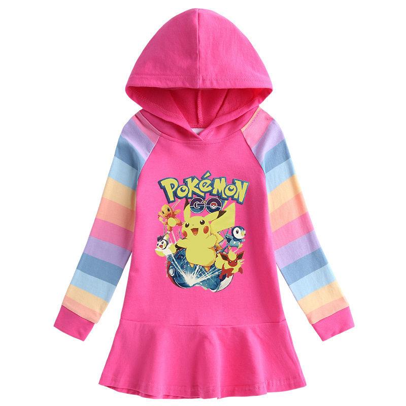 皮卡丘pikachu女童长袖连衣裙彩虹袖纯棉卫衣裙荷叶边宝宝 公主裙