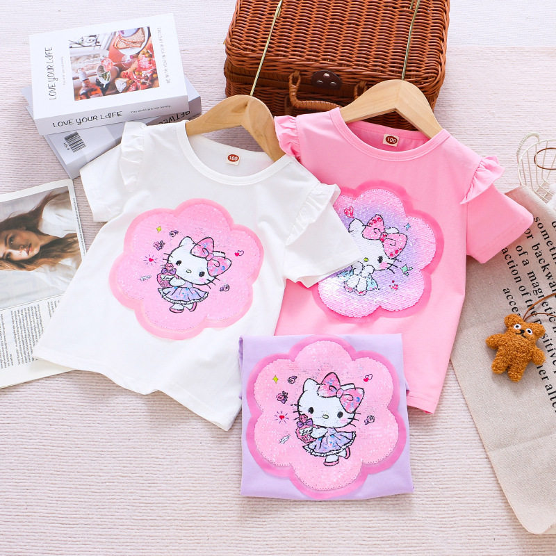 凯帝猫变色短袖t恤hellokitty女童亮片上衣花边袖子 2025春夏童装