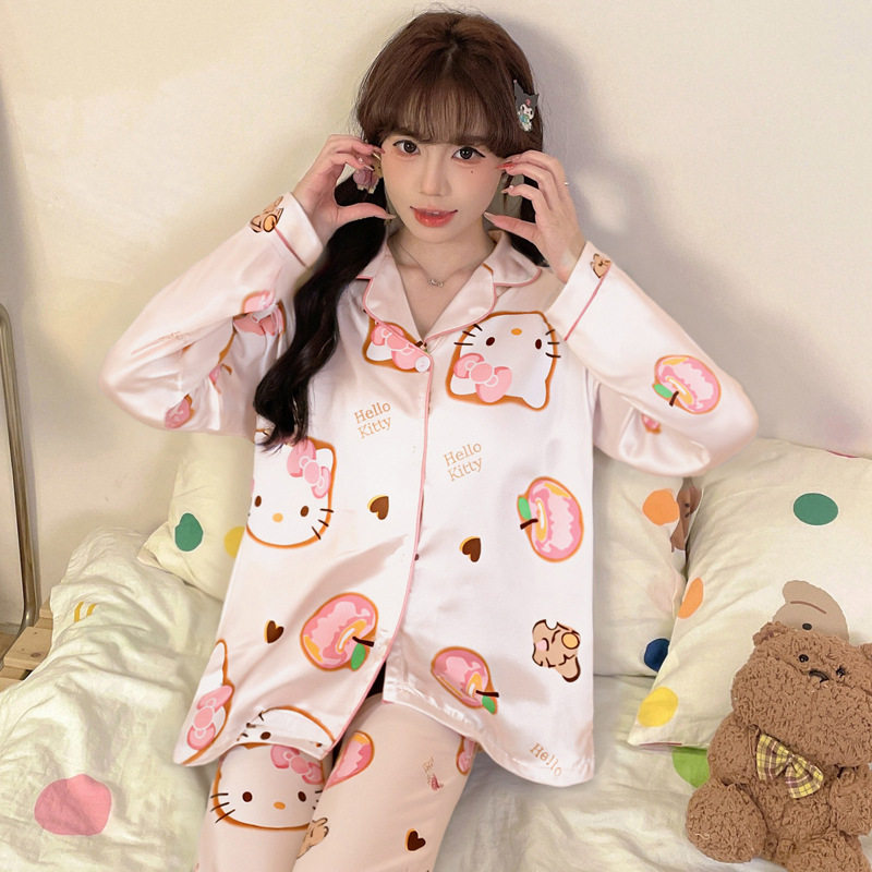 helloKitty女童冰丝翻领睡衣亲子2025春夏长袖纽扣衬衫薄款家居服