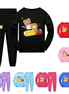 lankybox儿童长袖长裤睡衣套装纸盒小人卡通家居服春秋薄款上衣裤
