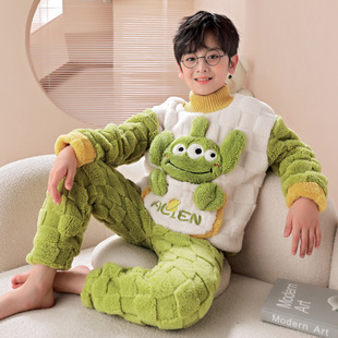 三眼仔法兰绒睡衣男童秋冬加绒加厚珊瑚绒大童家居服高领女童2023