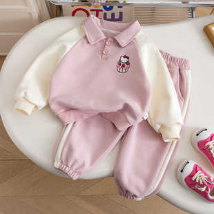 hellokitty女童运动卫衣卫裤两件套polo翻领上衣2025春秋粉色套装