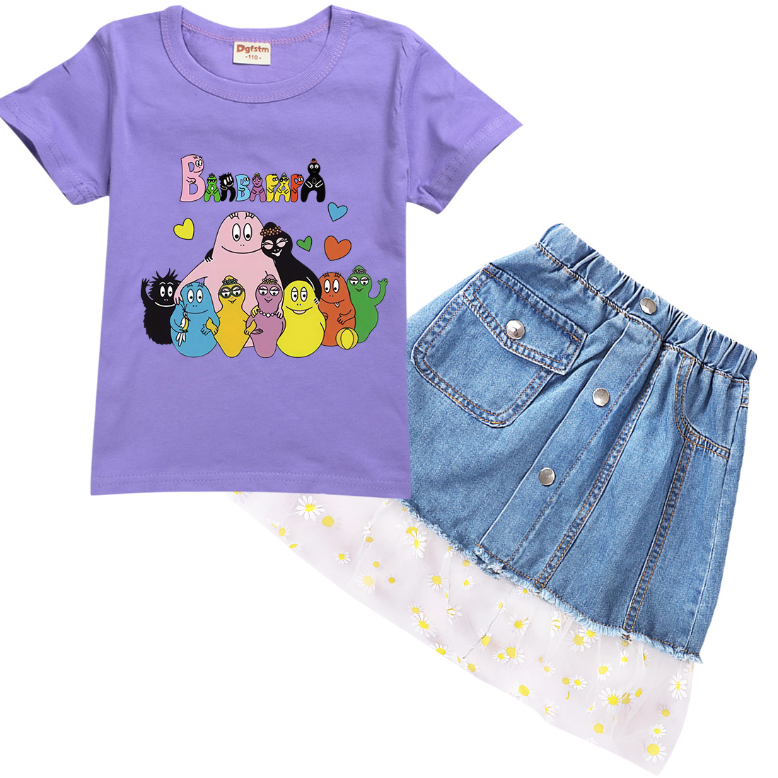 女童裙子套装巴巴爸爸纯棉T恤牛仔短裙Barbapapa卡通夏季圆领短袖