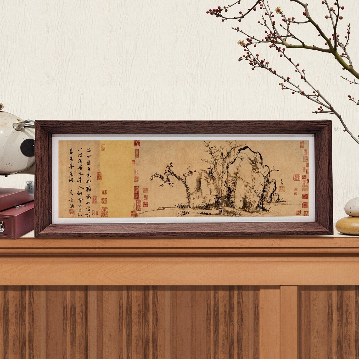 木制相框摆台古典名画赵孟頫书画长条摆件国画书法书房桌面装饰画