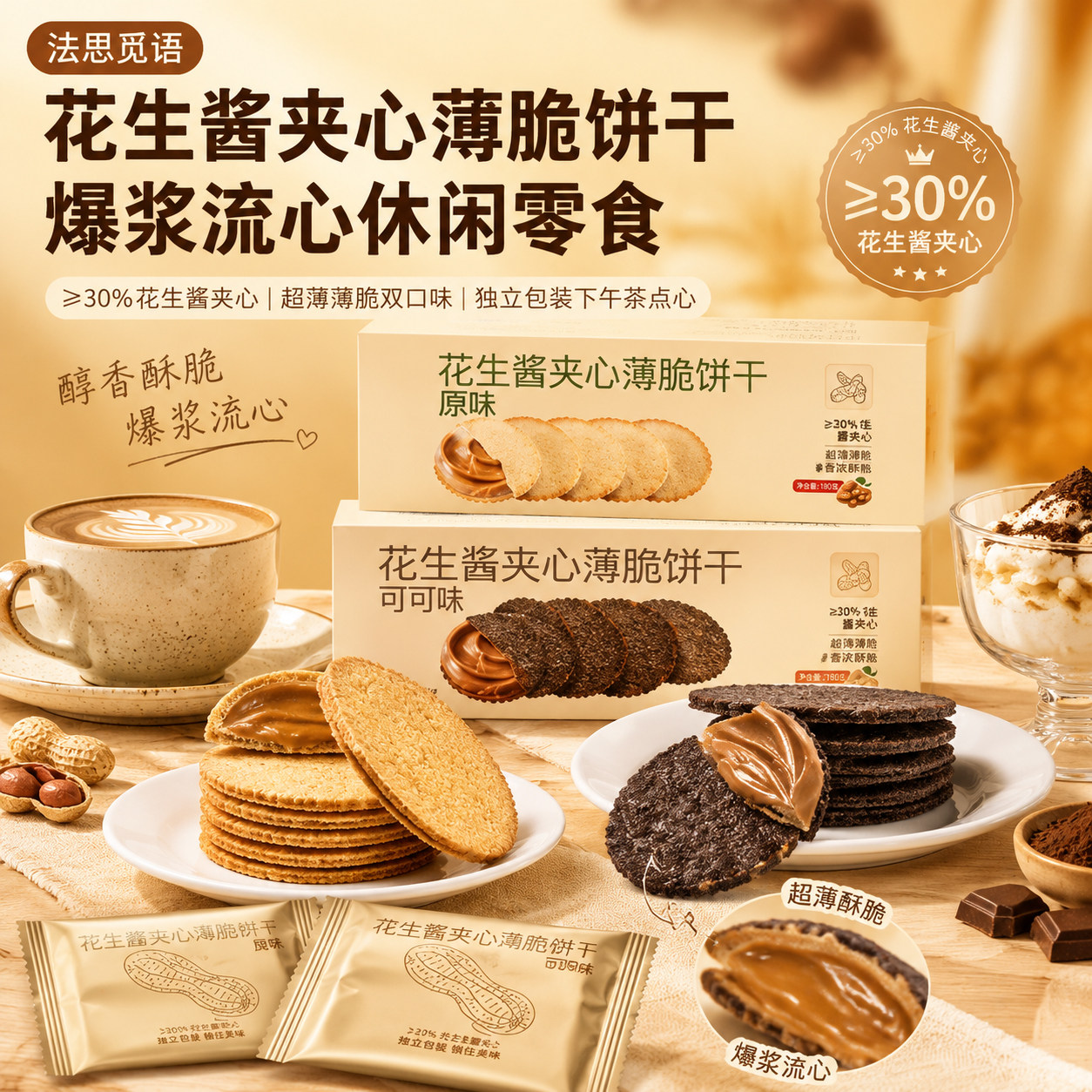 法思觅语可可花生夹心薄脆饼干可可醇香花生酥脆独立包装休闲食品