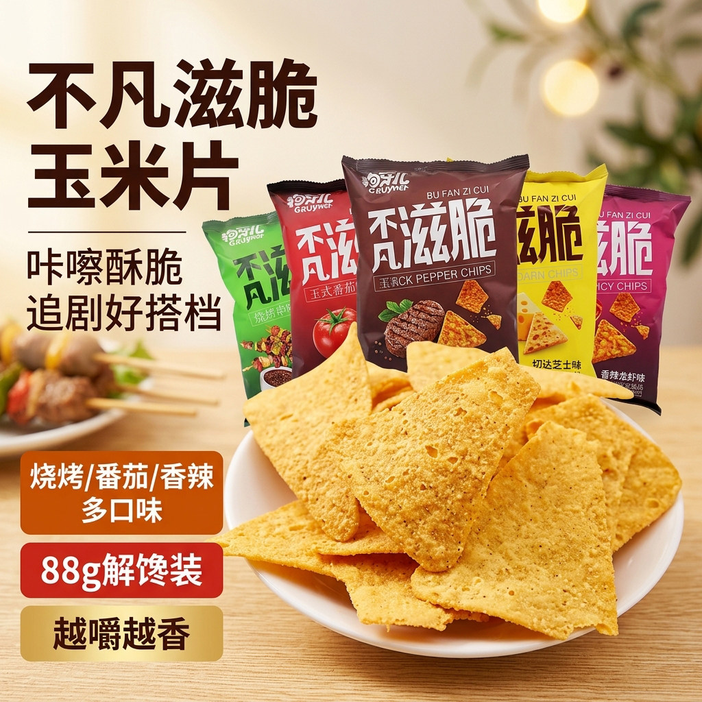 不凡滋脆88g玉米片锅巴玉米味烧烤牛肉味香辣番茄味追剧休闲零食