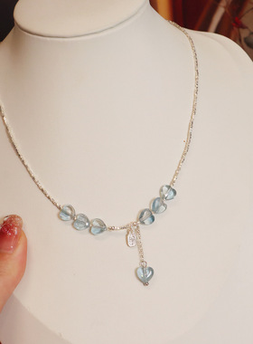 天然海蓝宝项链托帕石原创设计高级感爱心吊坠纯银锁骨链不掉色