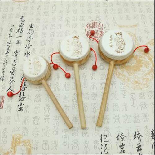 大号拨浪鼓早教新生婴儿传统可啃咬玩具男孩女孩木质手摇鼓可