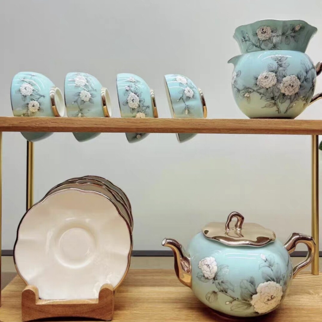 国瓷永丰源夫人瓷手绘蓝12头茶具300ml陶瓷茶杯套装 高档轻奢礼品