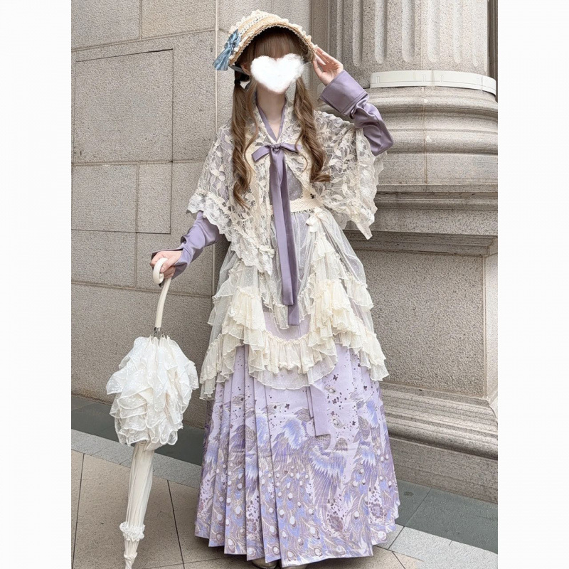 汉洋折衷汉服秋冬日常紫色套装交领开衫马面裙山海经洛丽塔汉元素