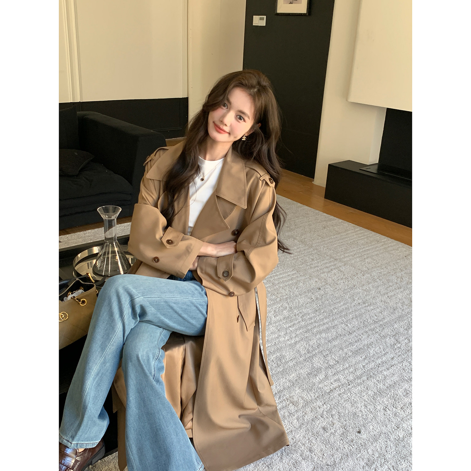 九田樱子高级缎面翻领韩剧女一风风衣