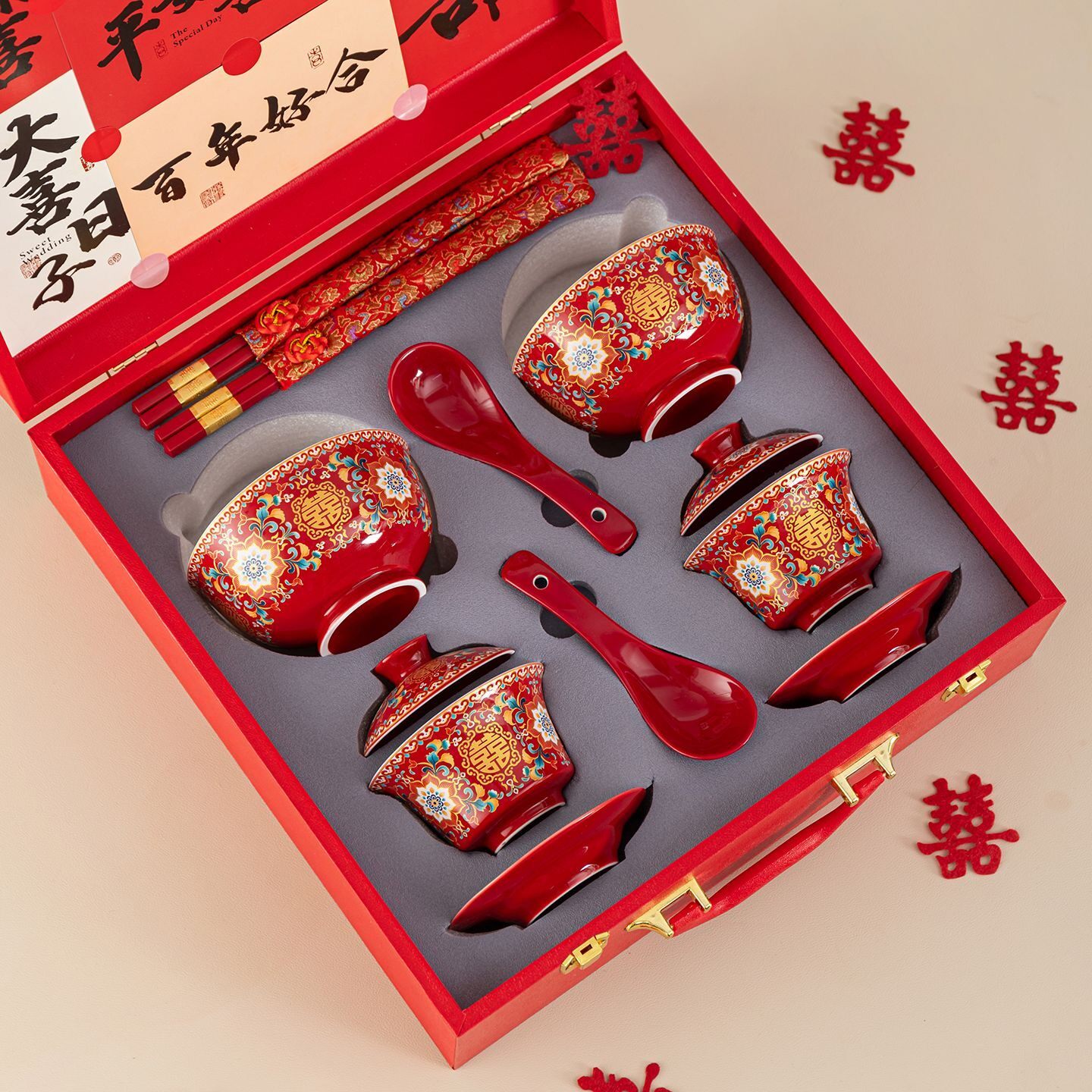珐琅彩敬茶杯喜碗礼物新婚碗筷套装中式陪嫁茶具红色盖碗结婚改口