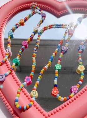 玻璃米珠锁骨链笑脸小花