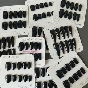 手工穿戴甲纯色黑色短款圆头方头小众显白高级感简约长款美甲成品