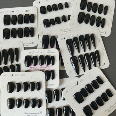 手工穿戴甲纯色黑色短款圆头方头小众显白高级感简约长款美甲成品