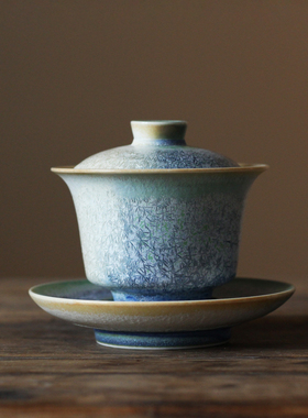 高温窑变松针三才马蹄盖碗景德镇泡茶碗陶瓷防烫手茶具纯手工茶杯