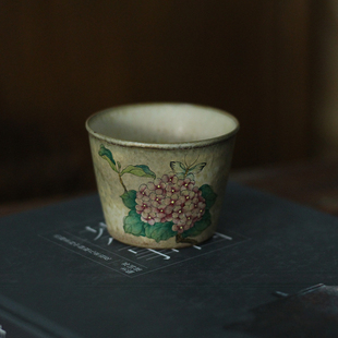 手绘中式绣球花文创礼品陶瓷小茶杯送朋友长辈中秋节礼品小茶碗