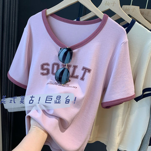 圓領(lǐng)T恤女23夏季 巨顯白 復(fù)古慵懶時(shí)髦撞色字母印花短袖 新款 美式